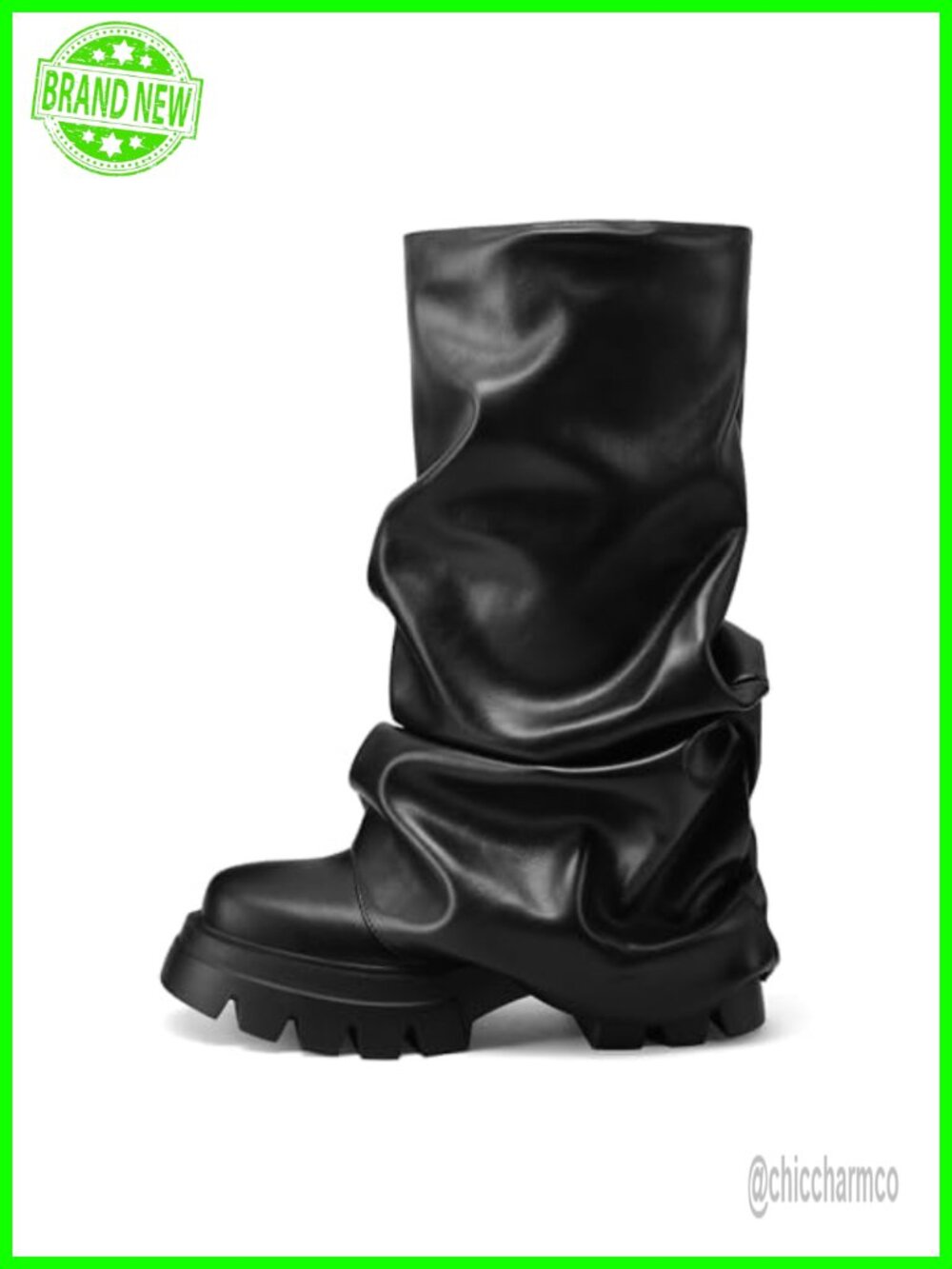 Fold Over Slouchy Boots Wide Calf Pleated Platform Chunky Mid Calf Synthetic